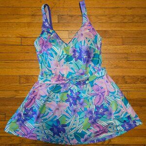 "Mainstream Swimsuits" VTG Floral One Piece Swimsuit with Skirt Union Made ILGWU